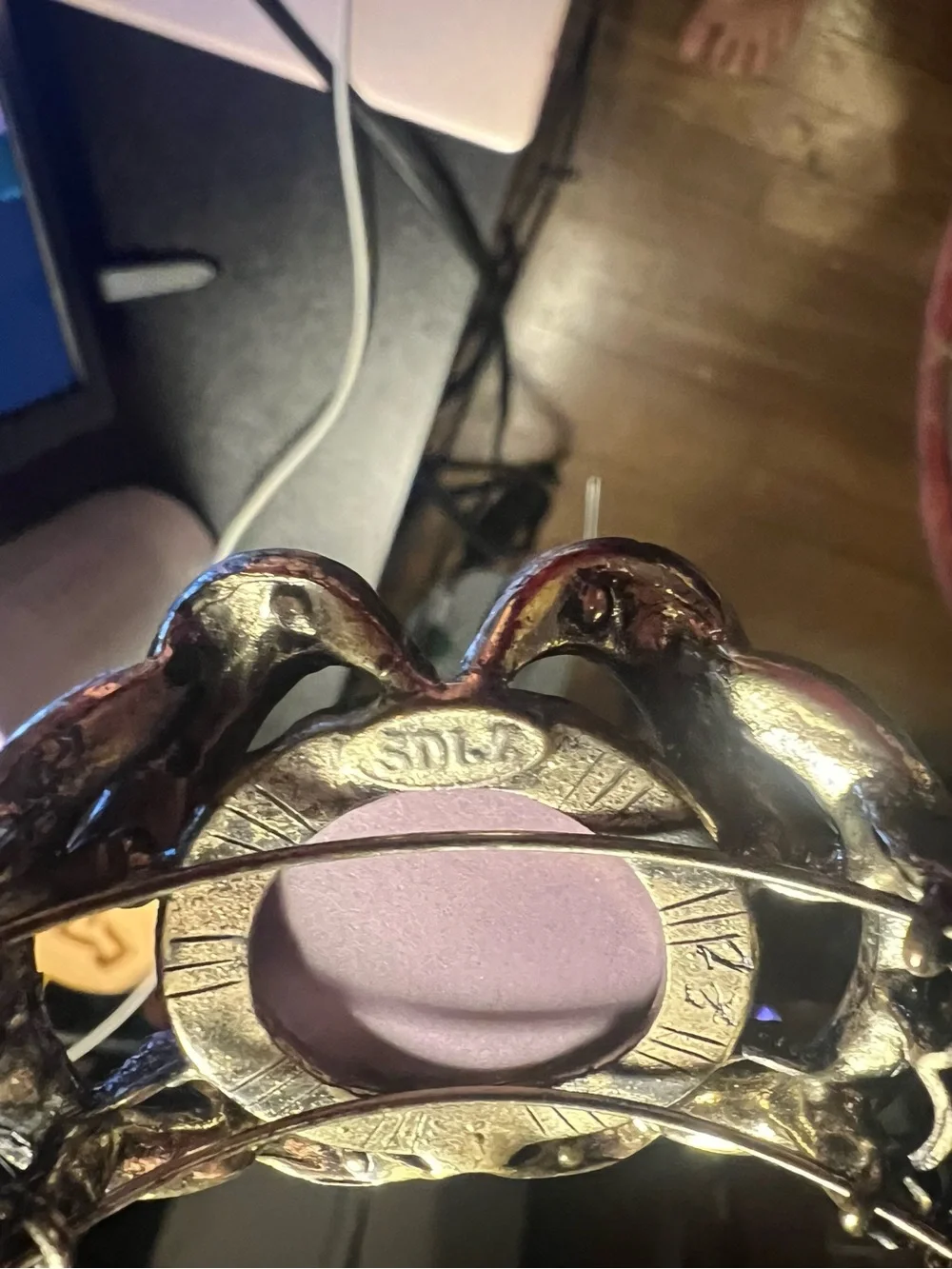 Vintage SDLZ Signed Cameo Clamper Cuff Bracelet Purple AB Rhinestone Victorian